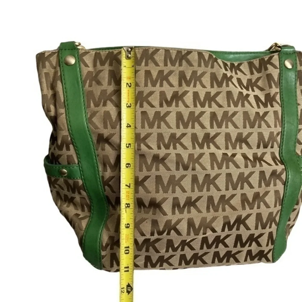 Michael Kors signature mk brown with green leather shoulder bag
